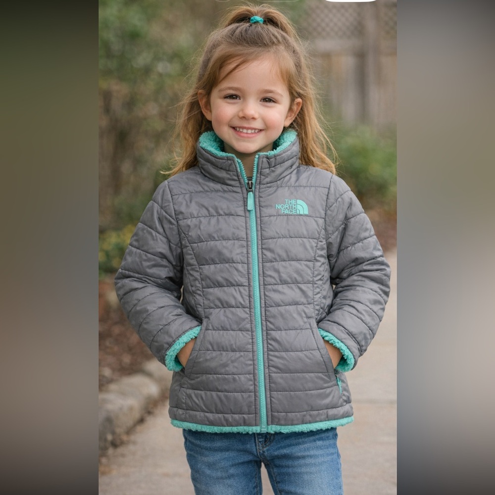 The North Face Reversible Girls Mossbud Swirl Puffer Jacket Gray & Teal Size 12